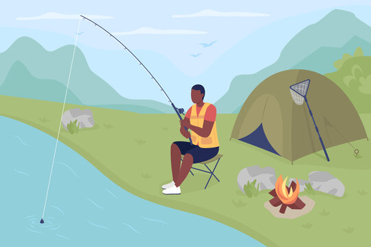 Catching fish in pond flat color vector illustration. Fishing for huge rainbow trout. Relaxing recreational activity. Amateur angler 2D cartoon character with mountain landscape on background