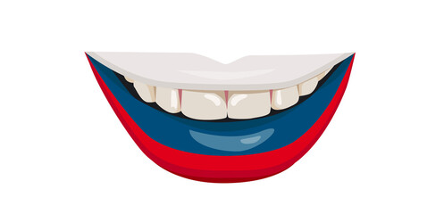 The Russian flag on the lips. A woman's smile with white teeth. Vector illustration.