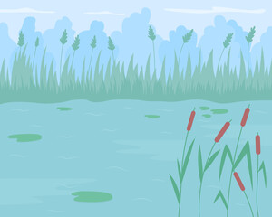 Pond surrounded by reed grass flat color vector illustration. Floating water lilies. Place for relaxing vacation. Lake with aquatic herbs 2D cartoon water body with green scenery on background