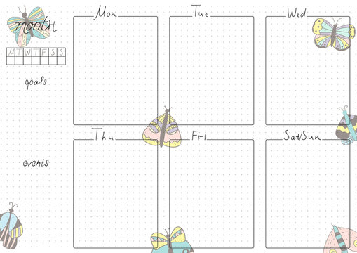 Printable A4 paper sheet, bullet journal page with hand drawn butterflies and blank week planner, goals, events. Cute planner for daily planner template, blank for notebook.