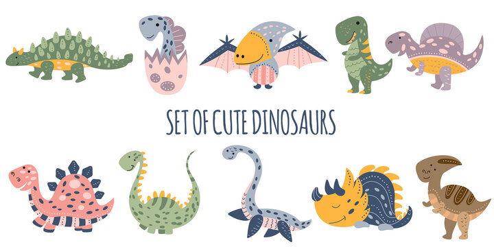 A set of illustrations of cute funny dinosaurs in the Scandinavian style. Jurassic animals. Prints for children s T-shirts or books. Isolated objects on a white background