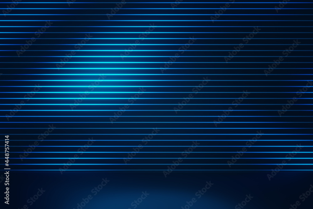 Poster 3d rendering dark future background. blue light glow stripe pattern lighting. showcase for products 