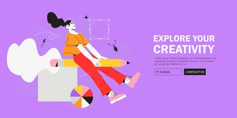 Woman designer flying on pencil . Creative or educational process banner, ad, landing page or poster for web design studio, startup or courses. Generating ideas, imagination, inspiration concept.