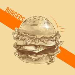 Hand-drawn vector illustration of Burgers, traditional food hamburgers. drawing by line and halftone dots, Vintage style design.