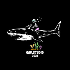 Vector illustration skeleton riding wild shark, handdrawn, free For t-shirts, stickers and other similar products.