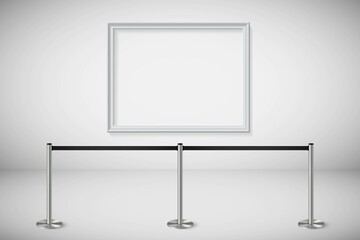White frame for picture with silver stanchions barrier. Mock up template for famous painting vector illustration. Realistic scene with fence and wall indoor on grey background