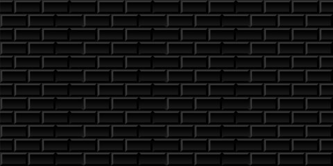 Fototapeta na wymiar Black metro tiles seamless background. Subway brick horizontal pattern for kitchen, bathroom or outdoor architecture vector illustration. Glossy building interior design tiled material