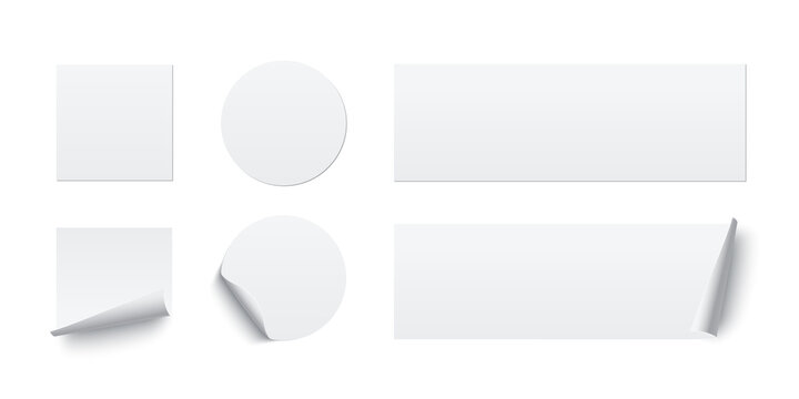 White glued square, circle and rectangle stickers with curling edges. 3d blank paper labels vector illustration. Badges with twisted edges on white background