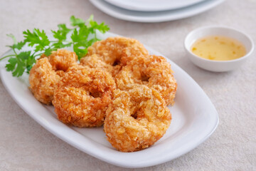 Deep fried shrimp cake on white plate, Thai food