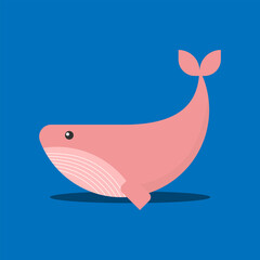 Cartoon whale vector illustration. Pink whale uon blue background.