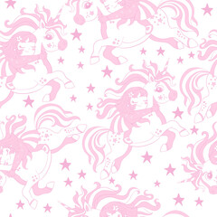 Seamless vector pattern with cute unicorns and girls on white