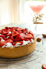 Tasty strawberry pie on table, closeup