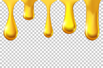 Liquid honey syrup dripping. Yellow melted sauce flowing and dropping vector illustration. Golden caramel droplets on transparent background. Delicious sweet food product