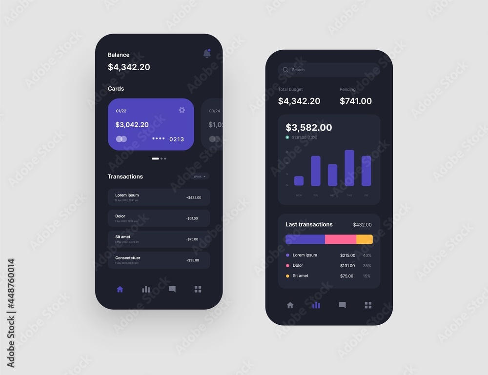 Fototapete Mobile app interface design in dark colors with UI and UX elements. Use design for web application or mobile app.