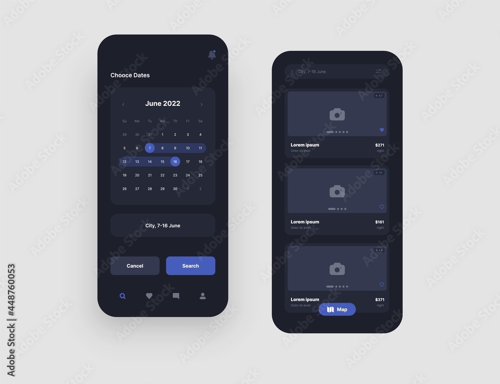 Poster mobile app interface design in dark colors for hotel booking or social media. use design for web app