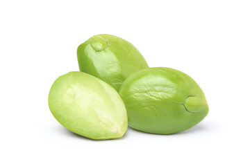Close-up Fresh Parkia speciosa with half slices isolated on white background. clipping path.
