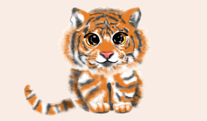 a small cute fluffy tiger cub isolated on a white background. The symbol of 2022
