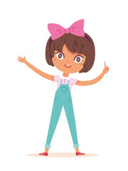 Happy girl standing and showing finger sign. Joyful smiling child having idea. Positive emotion and fun vector illustration. Cute cheerful little kid in good mood on white background