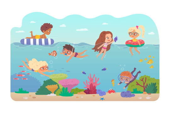 Kids Swimming And Diving In Sea. Children In Water And Underwater Having Fun In Summer Vector Illustration. Boys And Girls On Inflatables And In Goggles Looking At Fish And Sea Life