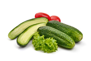 Freshly-salted juicy cucumbers, isolated on white background. High resolution image.