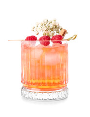 Glass with tasty cocktail and beautiful gypsophila flowers on white background