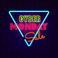 Cyber monday sale text baner in neon style on a dark-blue background - obrazy, fototapety, plakaty