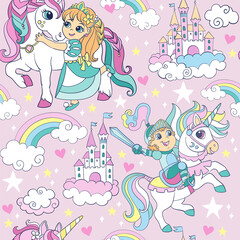 Seamless vector pattern with cute kids and unicorns pink