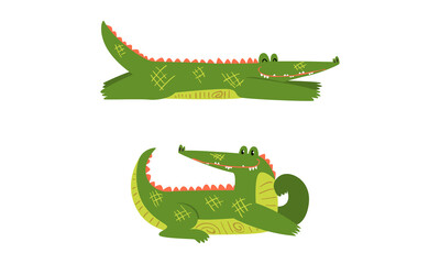 Funny Green Crocodile with Toothy Smile in Lying Pose Vector Set