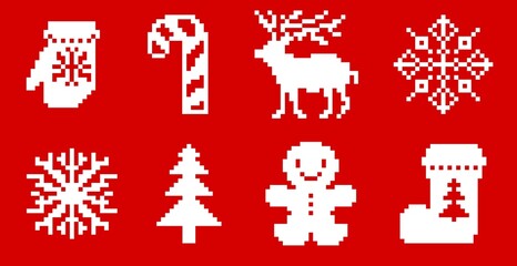 A set of eight Christmas-themed items: snowflakes, tree, deer, mitten, lollipop, Christmas sock. Vector illustration. Design for decoration.