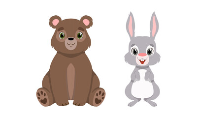 Cute Woodland Animals with Hare and Bear Vector Set