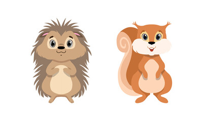 Obraz na płótnie Canvas Cute Woodland Animals with Squirrel and Hedgehog Vector Set