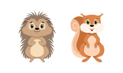 Cute Woodland Animals with Squirrel and Hedgehog Vector Set