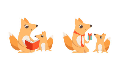 Loving Fox Mom and Dad Character with Its Cub Reading Book and Giving Gift Box Vector Set