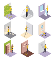 Set of isometric workers. Home repair isometric form with craftsmans who during various building works. Professional people with equipment engaged in their professional activities
