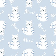 Naklejka premium Seamless pattern Cat with word Meow on lilac background. Child backdrop. Kids baby concept
