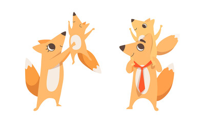 Loving Fox Mom and Dad Character with Its Cub Playing and Carrying on Shoulders Vector Set