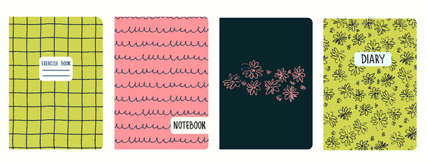 Cover page templates based on patterns with hand drawn flowers in ditsy style, gridline and cursive imitation. Backgrounds for notebooks, notepads, diaries. Headers isolated and replaceable