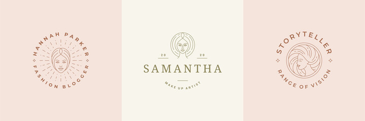 Feminine logos emblems design templates set with magic woman portraits vector illustrations minimal linear style