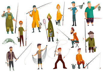 Group fishermans fishing with fish. Set of fishing people with equipment for cutting fish. Vacation concept flat vector icon. Leisure and hobby catching fish