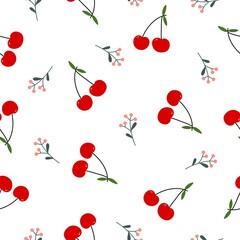 Cherry and pink flowers. Seamless hand-drawn pattern with berries and plants