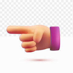 3d hands  finger pointing. one finger. cartoon style on white tranparent background