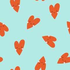 Cute hand-drawn hearts with a face. Seamless children's pattern in the style of kawaii. For fabric, wallpaper, decor, postcard or poster