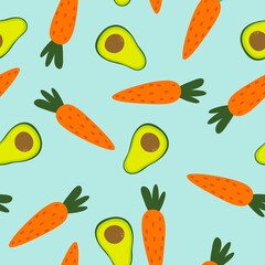 Avocado and carrots. Seamless hand-drawn vector pattern with vegetables. For decoration, fabric and wrapping paper