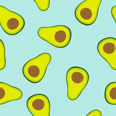Avocado on a turquoise background. Seamless hand-drawn vector pattern with vegetables. For decoration, fabric and wrapping paper
