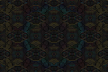Geometric volumetric convex 3D pattern for wallpaper, websites, textiles. Embossed artistic black background in the Eastern, Indian, Mexican, Aztec style. Shiny texture with ethnic ornament.