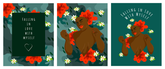 Selflove. Vector illustrations of flowers, a woman hugging herself, greeting card, self-acceptance card. Falling in Love with myself