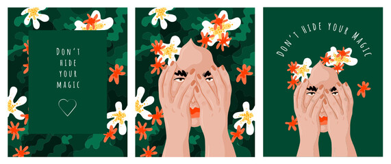 Selflove. Vector illustrations of flowers, a woman hugging herself, greeting card, self-acceptance card. Don't hide your magic