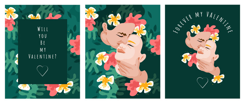 Lesbian Queer love. Vector illustrations of flowers, two women hugging, greeting card, valentine card. Forever my Valentine