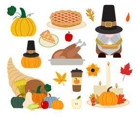 Vector fall harvest festival, Thanksgiving day set of illustrations in flat style with gnome pilgrim, turkey, cornucopia, candles, pies, pumpkins, apples, and leaves. Isolated on white background.