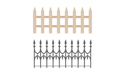 Wooden and Forged Metal Fence Isolated on White Background Vector Set